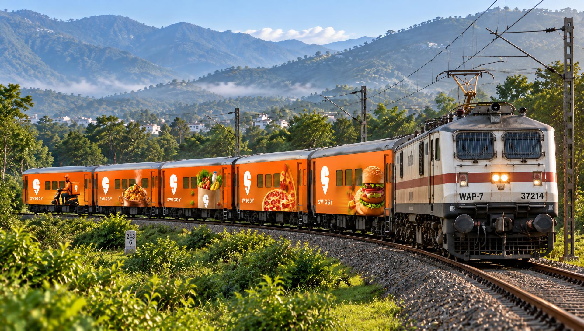 Swiggy branded passenger train in the green Doon valley, Dehradun