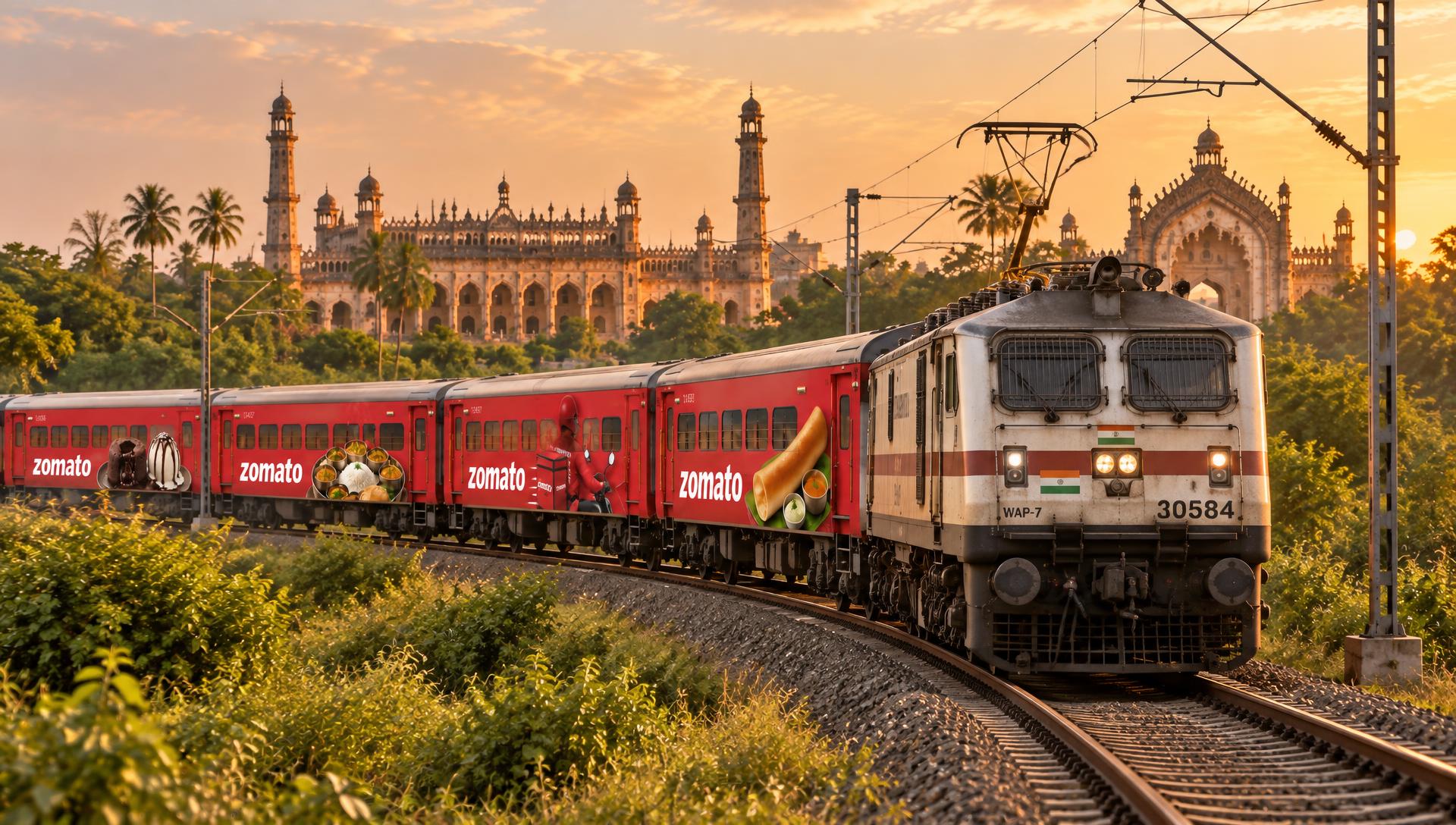 Zomato branded passenger train passing Bara Imambara, Lucknow