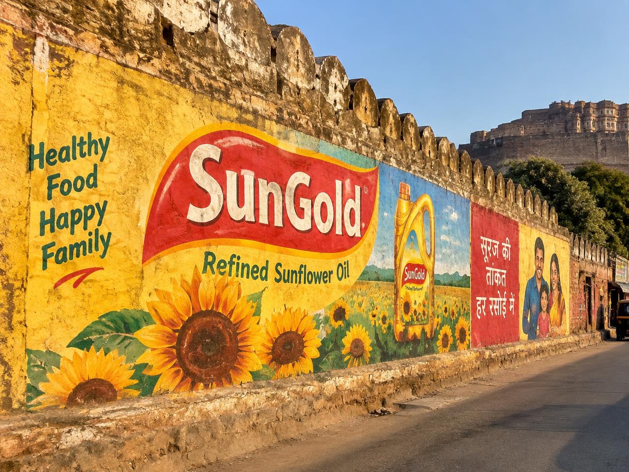 Large painted wall branding on an old city wall in Rajasthan